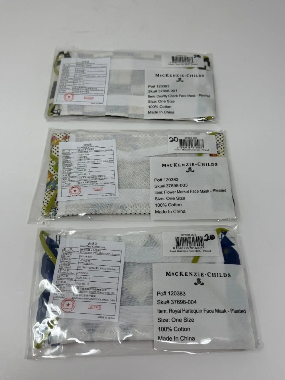 MacKenzie-Childs 13 Lot Cotton Face Masks Royal Harlequin Courtly Check Flower